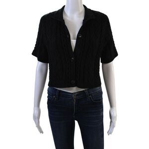 Beige Womens Black Collared Button Cardigan Short Sleeve Acrylic Wool Size XS